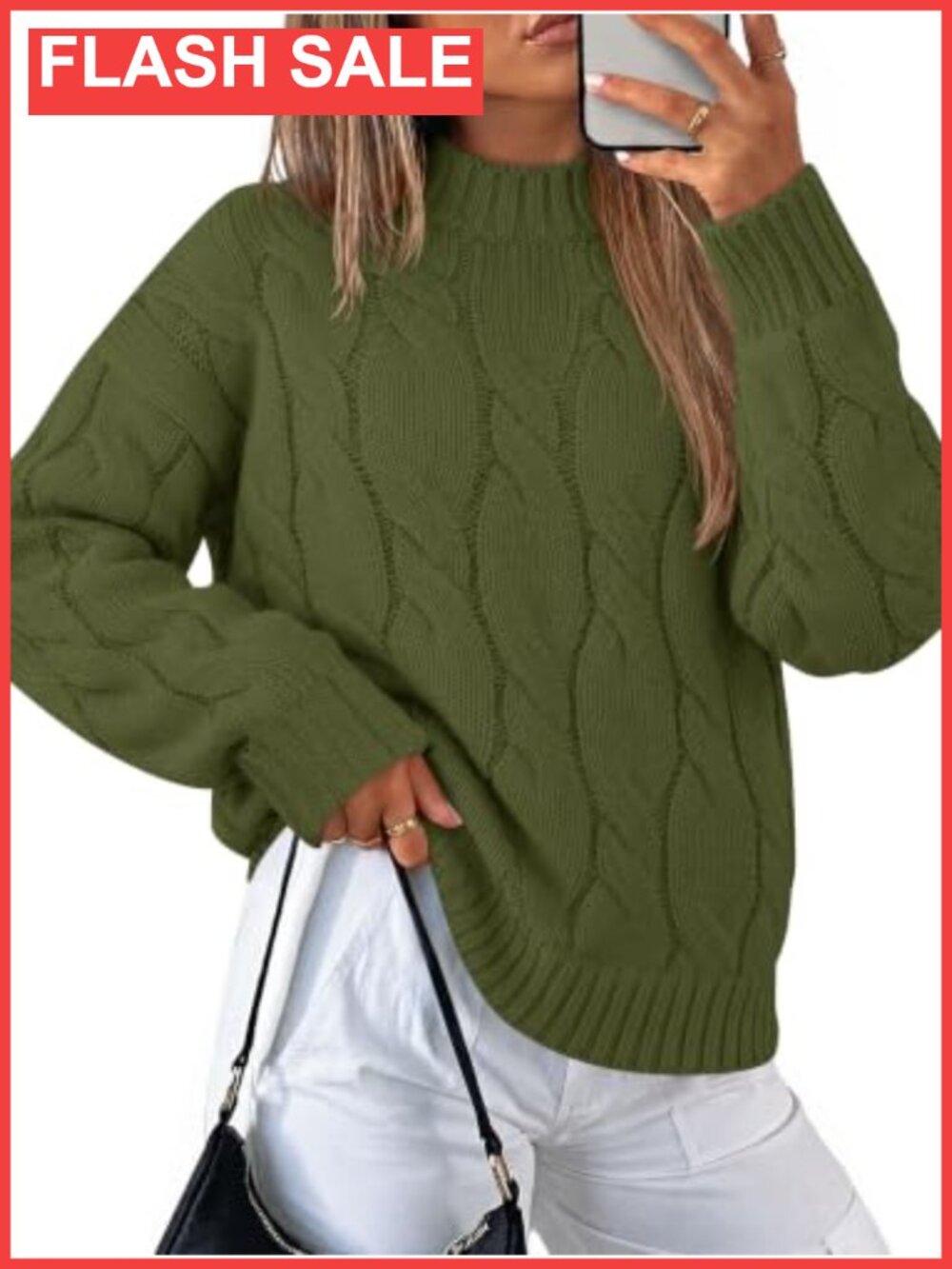 Womens Mock Neck Cable Knit Sweater Loose Fit Pullover Long Sleeve